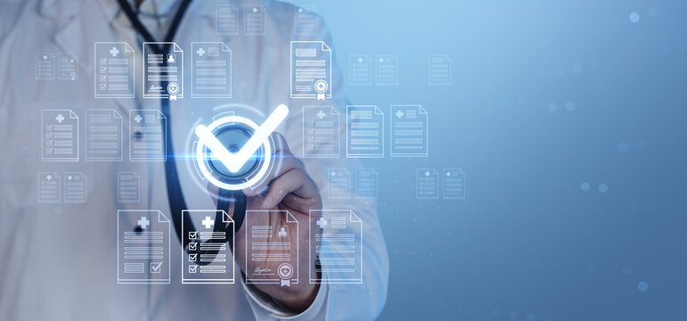 Doctor interacting with digital medical checklist interface on futuristic blue background, symbolizing healthcare data verification and approval concept. - Powered by Adobe