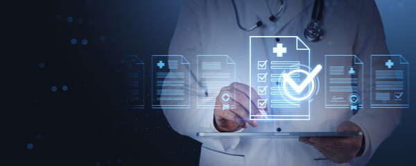 Digital healthcare checklist interface with doctor using tablet technology in futuristic medical...