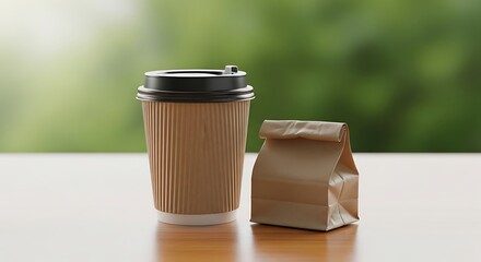 Takeout coffee in a ripple paper cup with a packed lunch in a brown bag sitting on a wooden desk with a natural green background