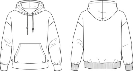 Technical fashion flat drawing of a relaxed-fit pullover hoodie featuring a drawstring hood, ribbed hem/cuffs, and a large kangaroo pocket, ideal for streetwear and casual looks. © Nayan