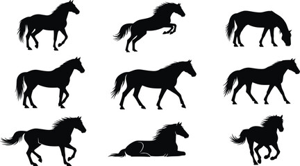 Powerful Black Horse Silhouettes Vector Set Showing Various Dynamic Poses Including Galloping, Trotting, Rearing, Grazing, Running, and Resting for Equine Design Projects.