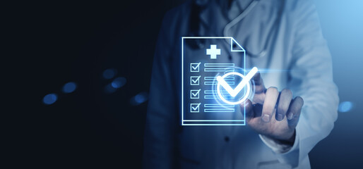 Medical professional checking digital health checklist with glowing tick symbol on futuristic interface over dark background, innovative healthcare concept.