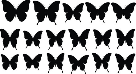 Large black silhouette vector set of 18 diverse, elegant butterflies and moths with different wing shapes, symbolizing nature, transformation, beauty, and freedom for graphic design projects. © Nayan
