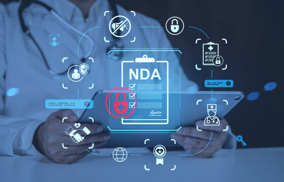 Non-disclosure agreement and data protection concept with doctor using tablet and medical security icons on digital interface background. - Powered by Adobe