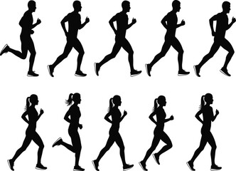 Mega Bundle of Running People Silhouettes Vector Set: Group of Male and Female Athletes Jogging and Sprinting, Representing Fitness, Marathon Training, Exercise, and Healthy Lifestyle Graphics.