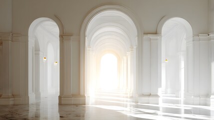 Obraz premium Bright sunlight streaming through a long white arched hallway.