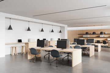 Modern open-plan office interior with wood furniture and minimalist design elements on clean white and neutral background. 3D Rendering