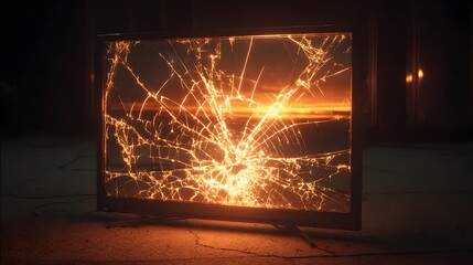 Broken television screen with a bright fiery explosion inside.