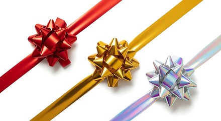 Three vibrant gift bows and matching ribbons, in red, gold, and iridescent silver, arranged diagonally on a clean white background, symbolizing festive celebrations and joyous gift-giving occasions