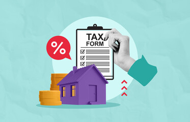Creative tax form concept with house, coins, and percentage symbol on pastel background illustrating financial planning and property taxation process.