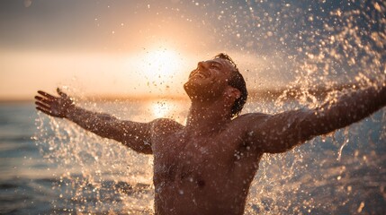 Carefree man with arms outstretched enjoying the splashing water at sunset.