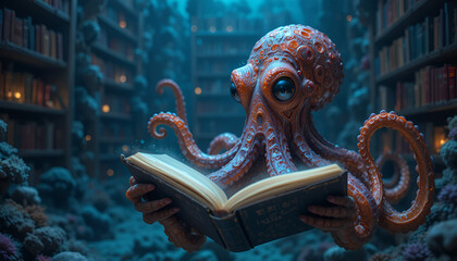 Octopus Reading a Book in Magical Blue Library