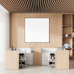Modern office interior with clean wooden walls, white desks and a blank square poster mockup for branding or product presentation display template. 3D Rendering