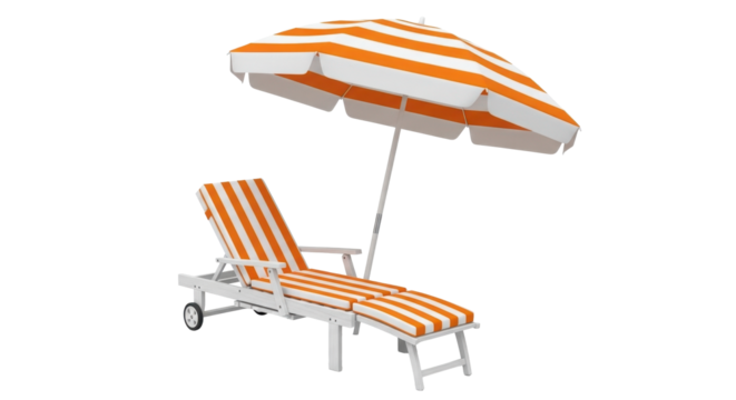 Stylish orange striped beach lounger with sun umbrella, perfect for summer relaxation and vacation vibes now - Powered by Adobe