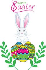 Sweet easter card design featuring a cute white bunny sitting on decorated eggs with leafy branches and elegant pink lettering 