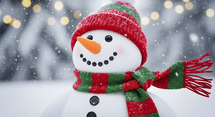 Close-up of a Cute Christmas Snowman in Falling Snow