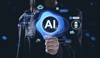 Futuristic AI technology interface concept with holographic digital elements and human interaction on dark creative background in tech environment.