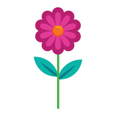 pink flower flat vector with green stem and leaves isolated on white background