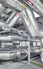Heating and cooling pipe system with exhaust silencer in a heating plant.