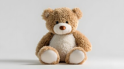 Obraz premium Classic fluffy brown teddy bear sitting alone on a clean white studio background.