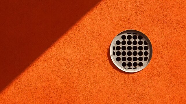 Circular metal vent on a bright orange textured wall with a strong diagonal shadow.