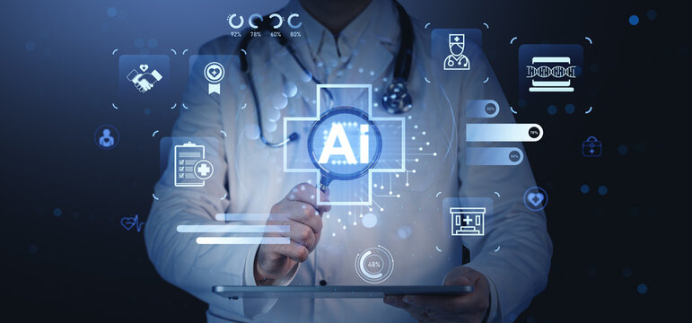 Futuristic doctor using AI hologram interface for healthcare technology innovation and digital medical data analysis concept on blue background.