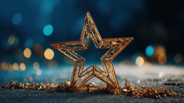 Bright golden stars twinkle against a background of blue bokeh lights, perfect for Christmas or New Year's Eve celebrations, and ideal as a backdrop for product displays and promotional materials.