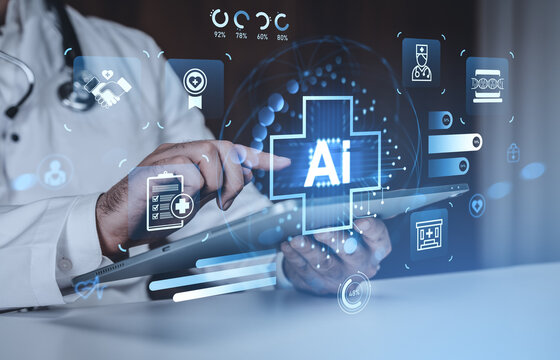 Doctor using tablet with AI medical interface and hologram icons representing digital healthcare technology and innovation concept background.