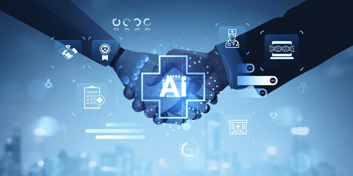 AI healthcare technology handshake concept with futuristic hologram interface on blue background showing partnership and innovation in digital medicine.
