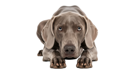 Alert Weimaraner dog lying down looking forward with intense eyes ready to play or pose in a pet portrait