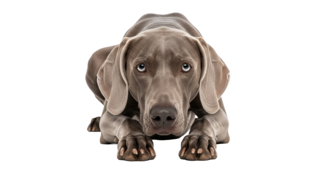 Alert Weimaraner dog lying down looking forward with intense eyes ready to play or pose in a pet portrait
