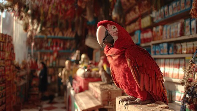 A vibrant red macaw perched on a wooden surface in a colorful shop filled with various goods and decorations.