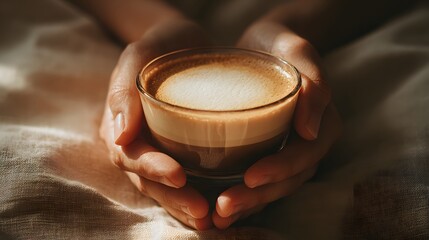 Close up of a persons hands holding a warm glass cup of coffee in the morning.