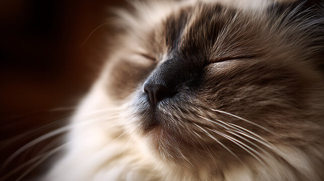 Fluffy feline face with closed eyes and delicate whiskers animal - Powered by Adobe