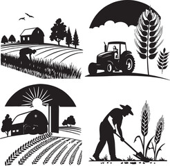 set of vector silhouettes of farmer