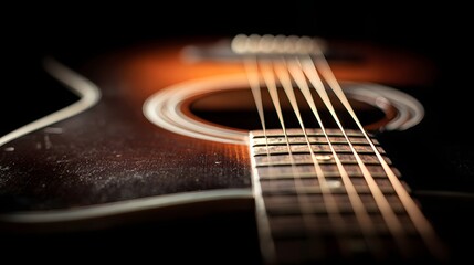 Close up of acoustic guitar strings and soundhole in dramatic low light.