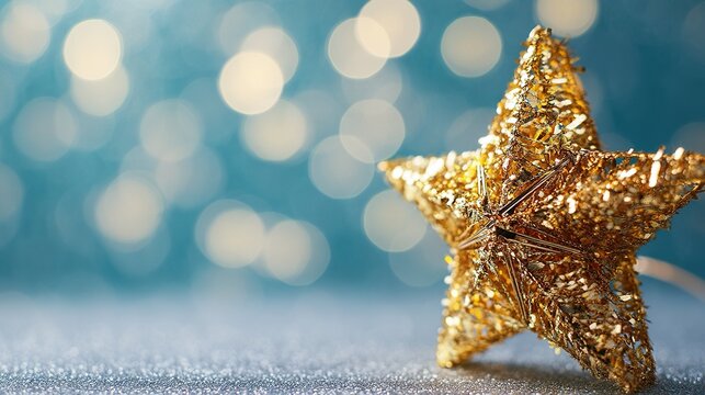 Bright golden stars twinkle against a background of blue bokeh lights, perfect for Christmas or New Year's Eve celebrations, and ideal as a backdrop for product displays and promotional materials.