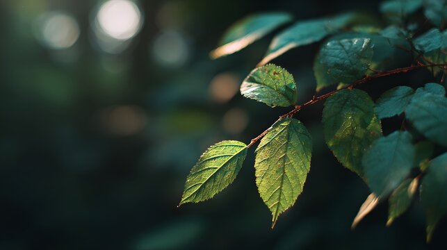Close up of green leaves on a branch backlit by sunlight in a dark forest with beautiful bokeh background.