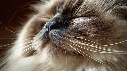 Fluffy feline face with closed eyes and prominent whiskers animal close-up