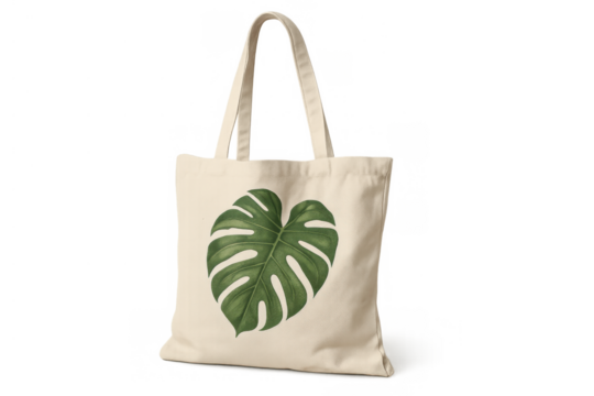 Canvas tote bag with monstera leaf design representing ecological shopping and sustainable lifestyle