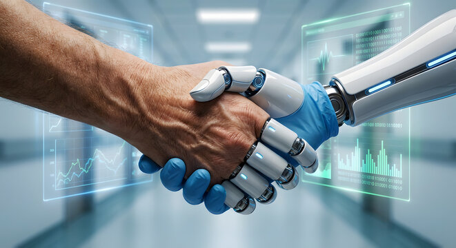 Human Doctor Shaking Hands with Robotic Hand in Hospital