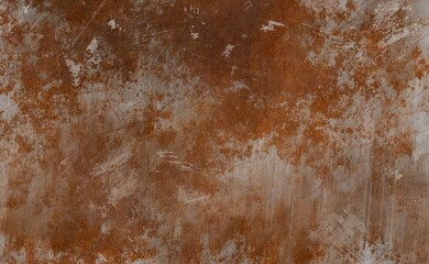 A distressed, rusty metal surface displaying a rich interplay of mottled orange-brown corrosion and worn, scratched silver-gray patches, creating a grimy, textured backdrop