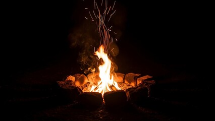 Campfires Warm Embrace - A Nighttime Gathering of Flames and Shadows.
