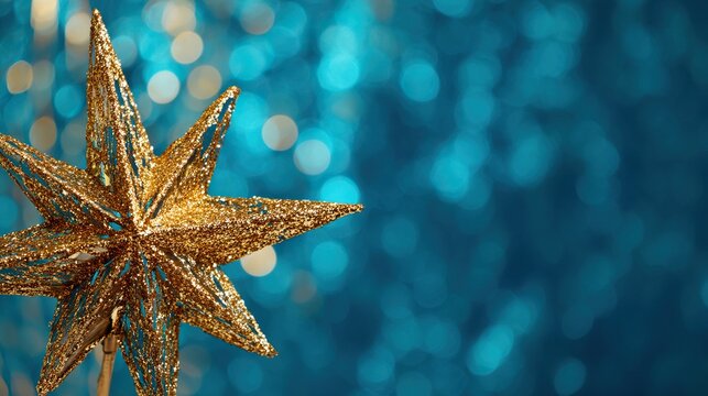 Bright golden stars twinkle against a background of blue bokeh lights, perfect for Christmas or New Year's Eve celebrations, and ideal as a backdrop for product displays and promotional materials.