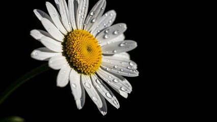 Close-up of a daisy with water droplets against a black background.