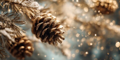 Golden glittered pinecone on snowy branch with soft bokeh lights.