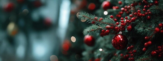 Christmas tree branch with red baubles and berries, blurred festive background.