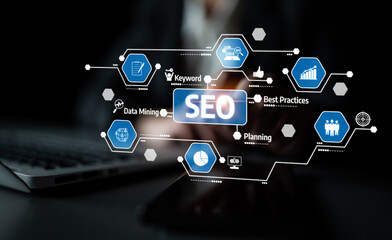 A professional setting showcasing an SEO strategy concept, emphasizing data mining and best practices for effective digital marketing. Perfect for illustrating modern business techniques. Tessel