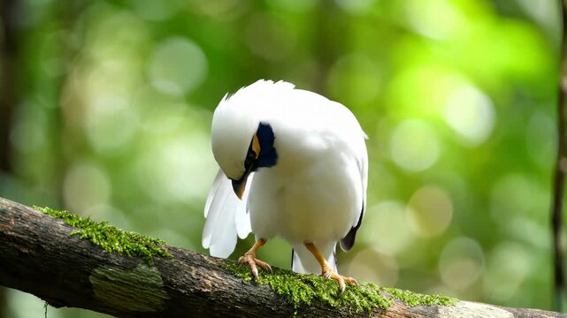 Bali Myna Bird Perching on Mossy Branch, Looking Down