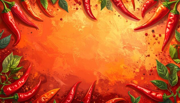 Bright red chili peppers surround a warm orange background, creating an inviting atmosphere for spicy dishes and culinary creativity